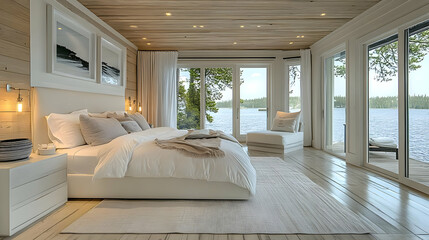 A spacious bedroom with a king-size bed, a white rug, and large windows overlooking a lake.