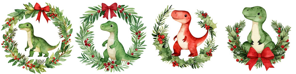 Obraz premium Four festive dinosaur illustrations adorned with holly wreaths, perfect for holiday-themed projects and children's decorations.