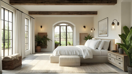 A spacious bedroom with a king-size bed, wooden beams, large windows, and a view of the garden.