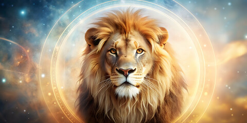 Naklejka premium Lion zodiac sign symbol overlaid on a blurred background, zodiac, astrology, forecast, prediction, horoscope, lion