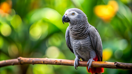 Obraz premium Close up of a grey parrot perched on a branch, Grey parrot, bird, wildlife, feathers, colorful, exotic, beautiful, tropical