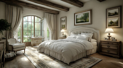 A spacious bedroom with a large bed, a wooden floor, a white rug, and a large window.