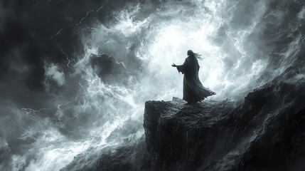 Evil sorcerer standing on a cliff s edge, summoning a storm with mysterious hand gestures, dark power filling the sky
