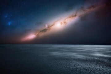 Fototapeta premium Midnight Nebula and Cosmic Glow Over Solitary Tar Landscape