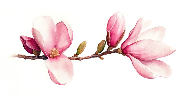 A delicate magnolia flower branch showcasing soft pink petals and budding green leaves, perfect for spring-themed designs.