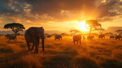 Fototapeta premium African Elephant Herd at Sunset in Savanna Grassland