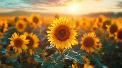 Fototapeta premium Beautiful Sunflower Field at Sunset