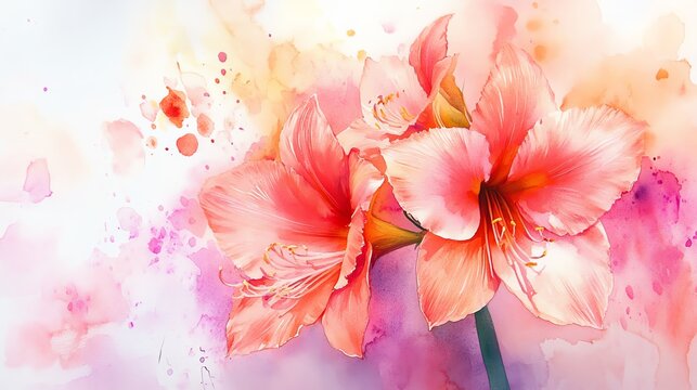 Beautiful pink amaryllis flower in watercolor style, showcasing vibrant colors and delicate petals on a soft background.