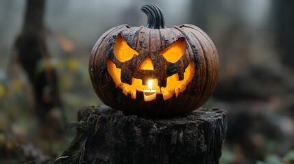 Jackolantern with a phantom s face mask, flickering candlelight, set on an old, twisted tree stump
