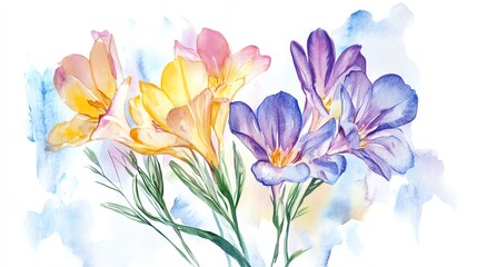 Beautiful watercolor painting of colorful flowers showcasing delicate petals and vibrant hues, perfect for floral decoration.