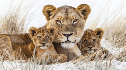 Fototapeta premium A lioness and her two cubs are nestled in the tall grass. AI generative. .
