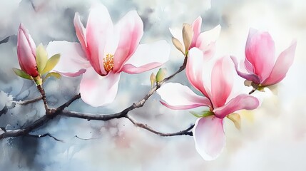 Obraz premium Delicate pink magnolia flowers bloom gracefully on branches, set against a soft, ethereal background, embodying spring's beauty.