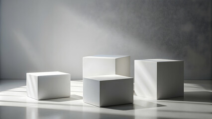 Three white cube podiums with geometric shadows on the floor , podium, white, cube, geometric, shadows, background