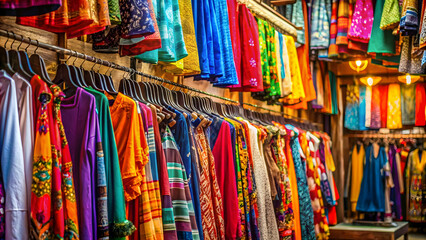 Vibrant, colorful clothes hanging in a bustling market stall , marketplace, fashion, garments, display, vibrant, colorful
