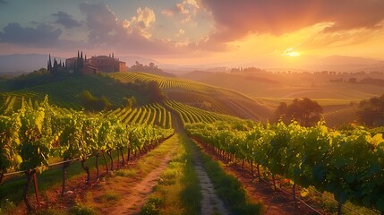 Fototapeta premium Picturesque Vineyard Landscape with Sunset and Winery