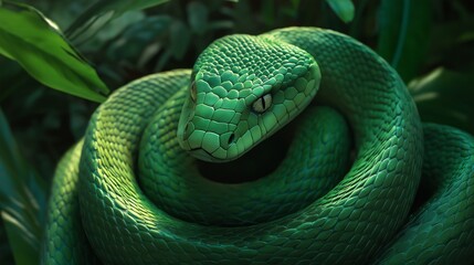 Fototapeta premium A highly detailed close-up of a vibrant green snake coiled up, showing its glossy scales and intense eyes, evoking a sense of wild nature, danger, and beauty