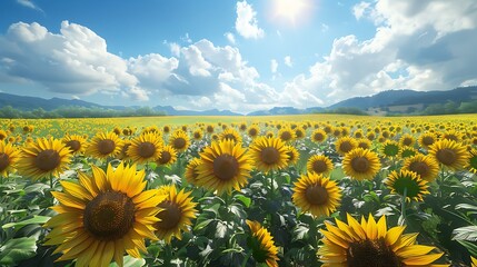 Obraz premium Sunflowers Field Landscape with Blue Sky and Clouds