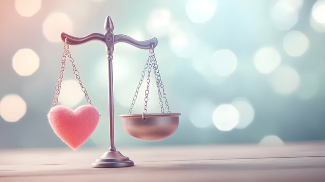 A balanced scale in the center, with a heart symbol delicately resting on one side, representing the harmony between justice and compassion. The scale's clean lines and soft colors evoke a sense 