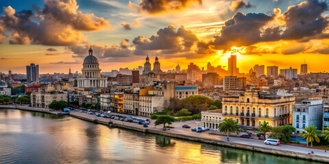 Naklejka premium Sunset over Havana's cityscape with a view of the river and historic buildings, sunset, Havana, cityscape, river