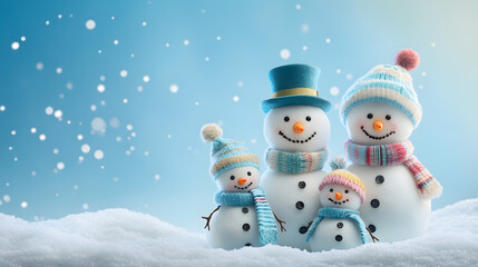 Happy family of snowmen standing in snow under a bright sky, with carrot noses, colorful scarves, and joyful smiles