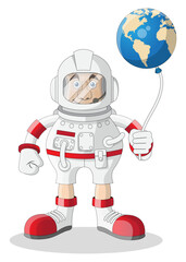 The astronaut holds the Earth like a balloon. Isolated on white background. Vector illustration.