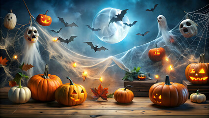 Obraz premium Spooky haunted Halloween scene with cobwebs, pumpkins, ghosts, and bats, haunted, Halloween, spooky, scene, cobwebs