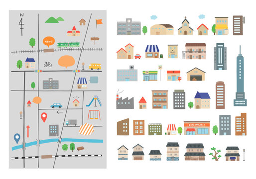 いろんな建物と地図の手描きイラストセット（カラー/主線なし）