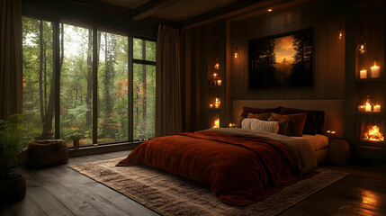 Cozy bedroom with large windows overlooking a forest, featuring a fireplace, candles, and a plush bed with red bedding.