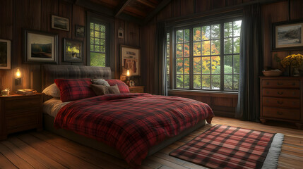 Cozy cabin bedroom with a large window overlooking a forest with autumn leaves, featuring a plaid comforter, bedside table, rug, and framed pictures on the wall.