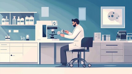 A medical worker in the lab is placing slides into a machine the instruments are on the table, sitting, chair, table, vector illustrations 
