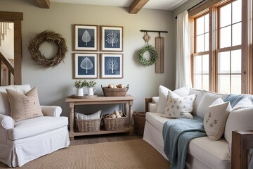 Serene Farmhouse Living Room Nook Featuring Framed Artwork and Rustic Decor