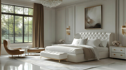 Luxurious bedroom interior with a large bed, white walls, and a large window.