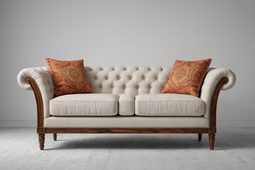 a white couch with a red pillow on it                            