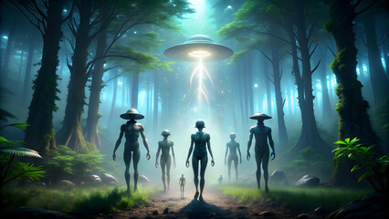 Fototapeta premium Aliens exploring dark and mysterious woods, aliens, extraterrestrial, forest, trees, exploration, mysterious