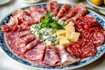 A tempting platter featuring traditional Italian salami, ham, pecorino cheese, and creamy gorgonzola served at an Italian eatery