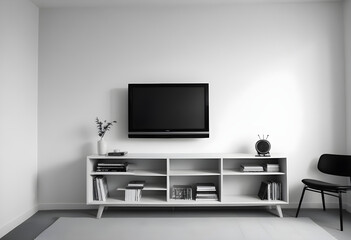 a modern living room with tv in the wall