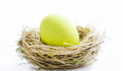 Easter egg in a straw nest, isolated on a white background