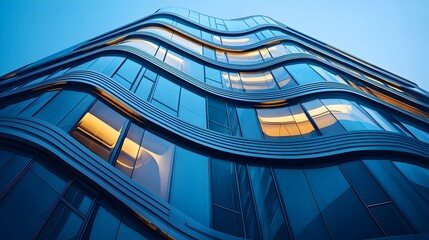 Fototapeta premium Distinctive Futuristic Steel and Glass Building with Striking Neon Highlights in a Modern Urban Skyline