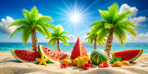 Vibrant summer-themed watermelon letters with tropical sun, palm trees, and sandy beach , Hello Summer, watermelon, letters