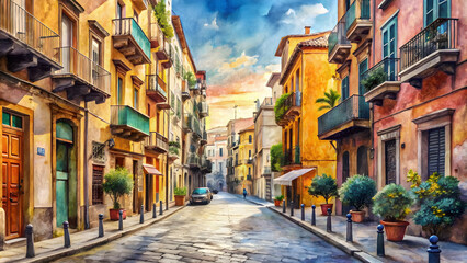Watercolor painting capturing the picturesque streets and architecture of Naples, Italy, Naples, watercolor, painting