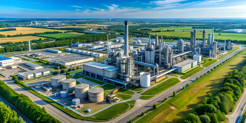 Aerial view of a chemical plant on a sunny summer day , industrial, factory, pollution, industry, production