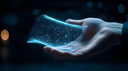 Hand Holding Transparent Hologram Screen for Futuristic Digital Business Deal