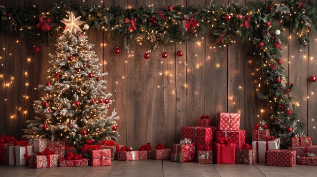 Festive Holiday Decor Display with Glittering Garlands and Vine Christmas Tree Behind Frosted Glass Backdrop