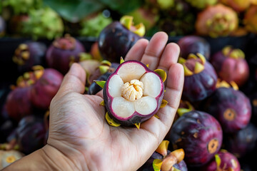 Hand holding a vibrant mangosteen, revealing juicy white segments inside, exotic fruit display
