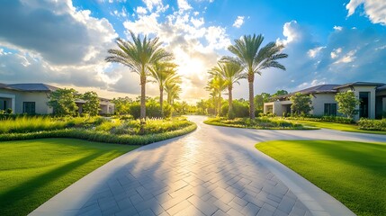 Fototapeta premium Lush Gated Community Entrance with Swaying Palm Trees and Inviting Pathway to Exclusive Luxury Real Estate