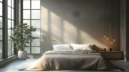 Minimalist bedroom interior with large window, concrete wall, wooden floor, bed with white linens and brown blanket, potted plant, and a nightstand with lamps.