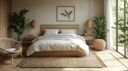 Minimalist bedroom with a large bed, wicker furniture, and natural light.