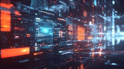 Obraz premium A visually dynamic 3D search engine interface, featuring multiple floating holographic search bars and digital icons. The design is futuristic, with translucent layers and light effects that 