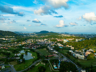 Drone High angle view fly over land at phuket island Thailand