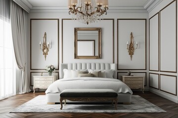 Elegant White Luxury Bedroom Design Featuring Wall Mockup and Vintage Frame